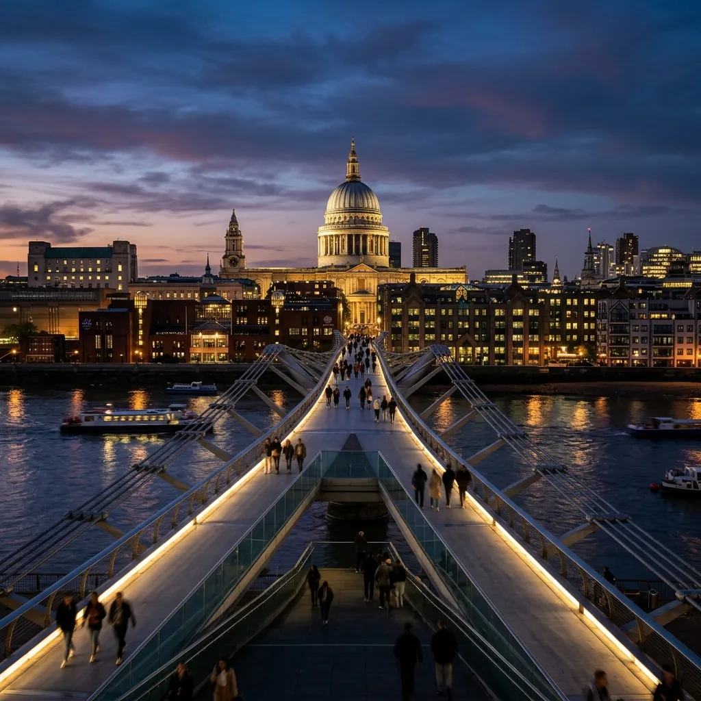 The Millennium Bridge in London at twilight leading to St. Paul's Cathedral in the background